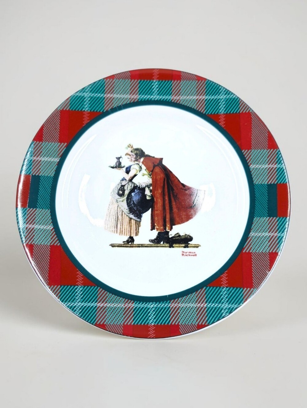 Saturday Evening Post Plaid Dinner Plate Norman Rockwell Collection Mistletoe